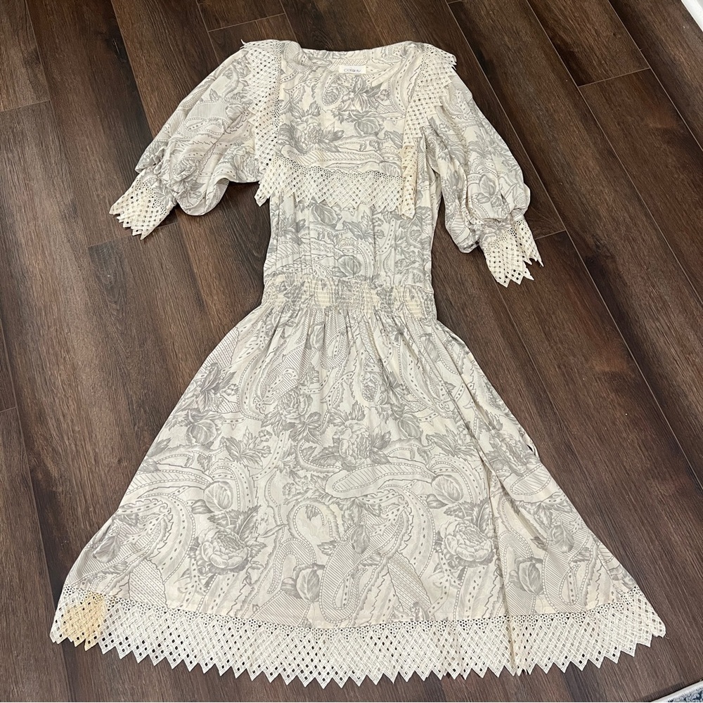 Vtg 1980s Floral Silk Dress Boho Southern Cottagecore Victorian Puffed Sleeve